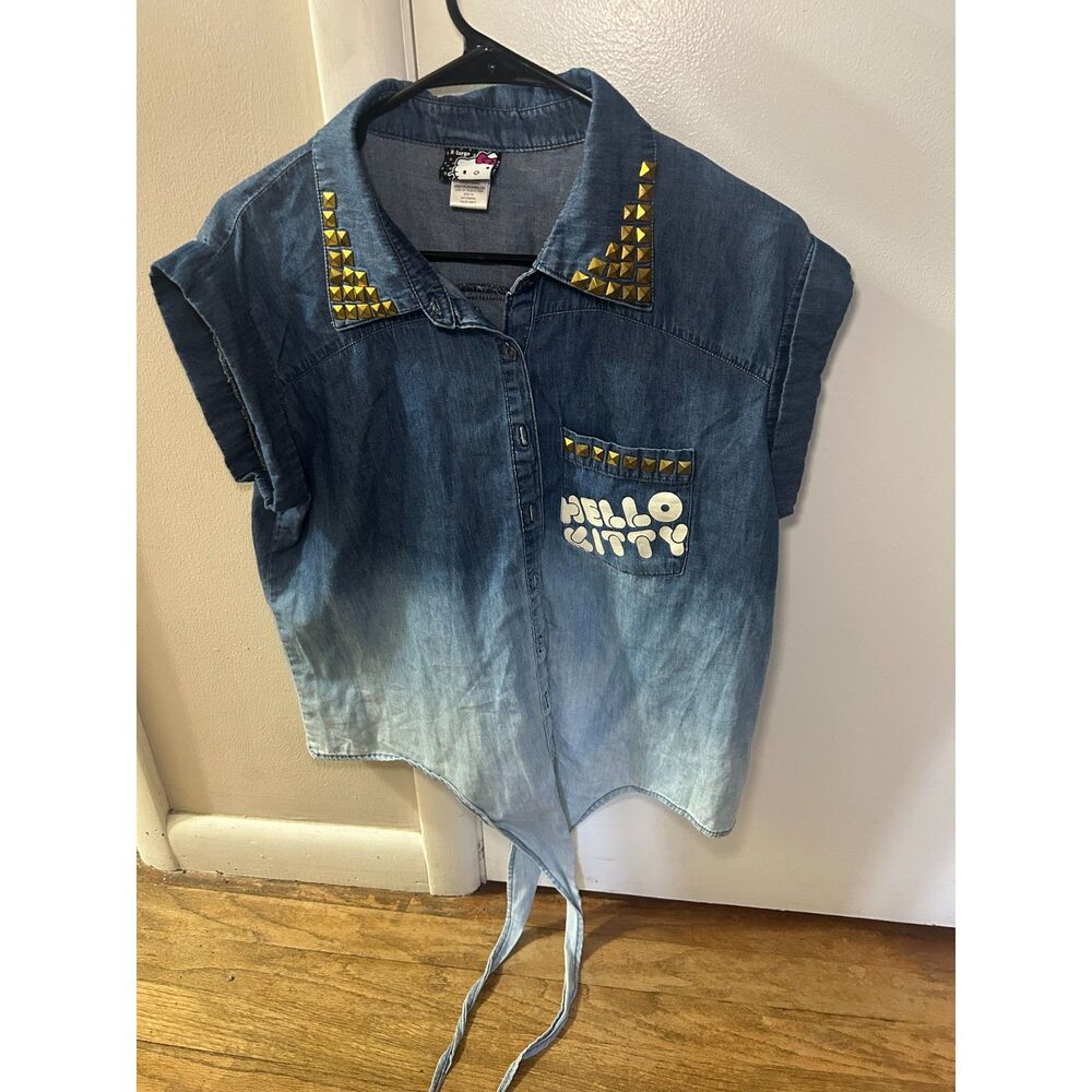 Vintage 2010 Hello Kitty Ombre Denim Vest Shirt XL Studded Punk Mall Goth Y2K